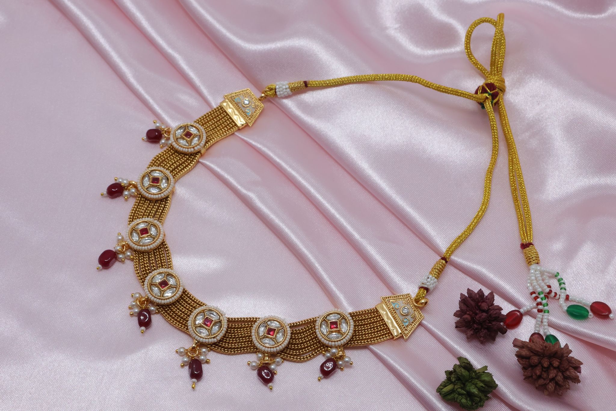 Ethnic Gold Plated Choker Necklace & Jhumka Earring Set with Red Stones & Pearls view 2