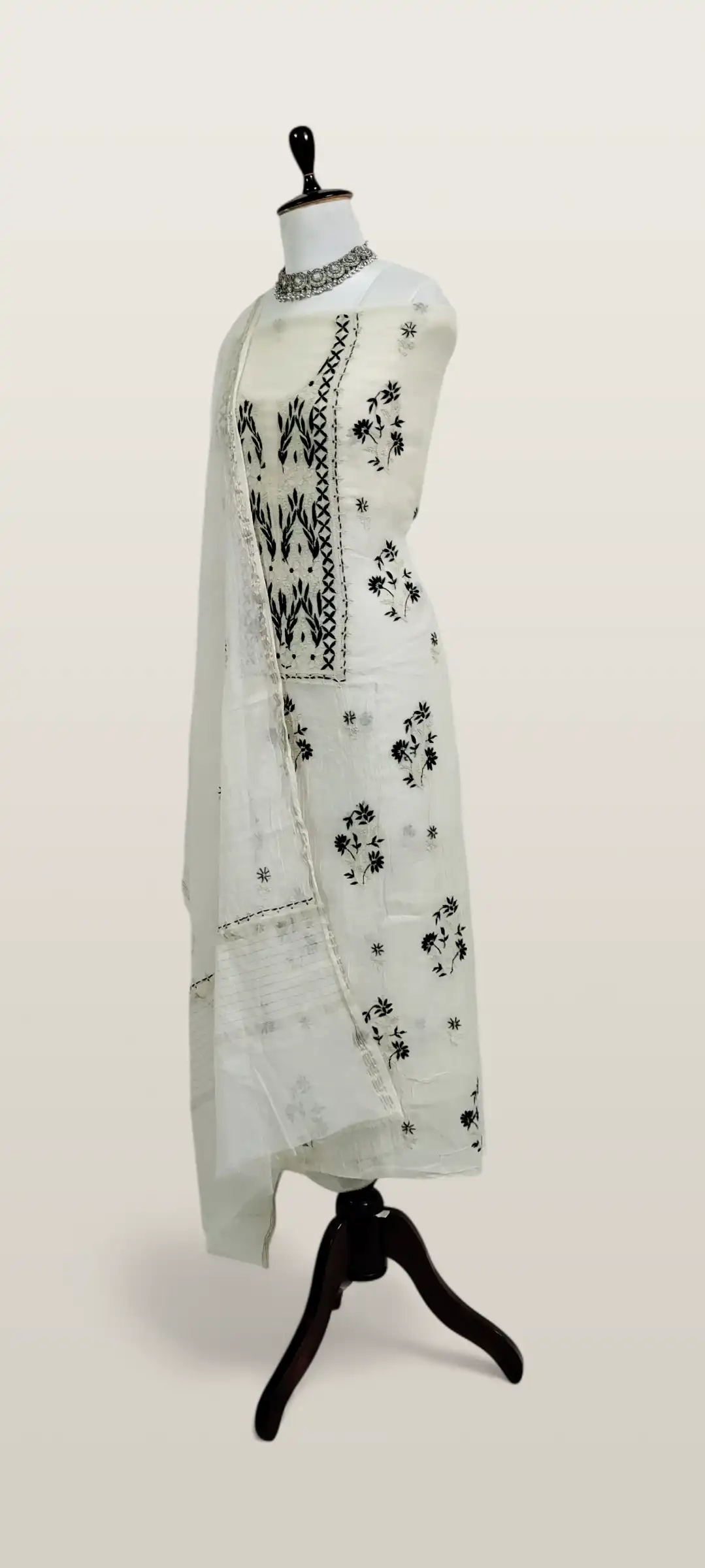Chikankari Mul Chanderi Dress Material Ivory Navy Leaf Yoke view 2