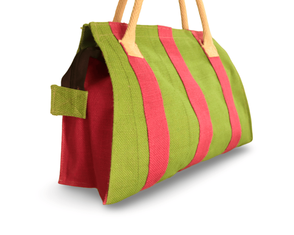 Green Jute Tote Bag with Red Stripes view 2