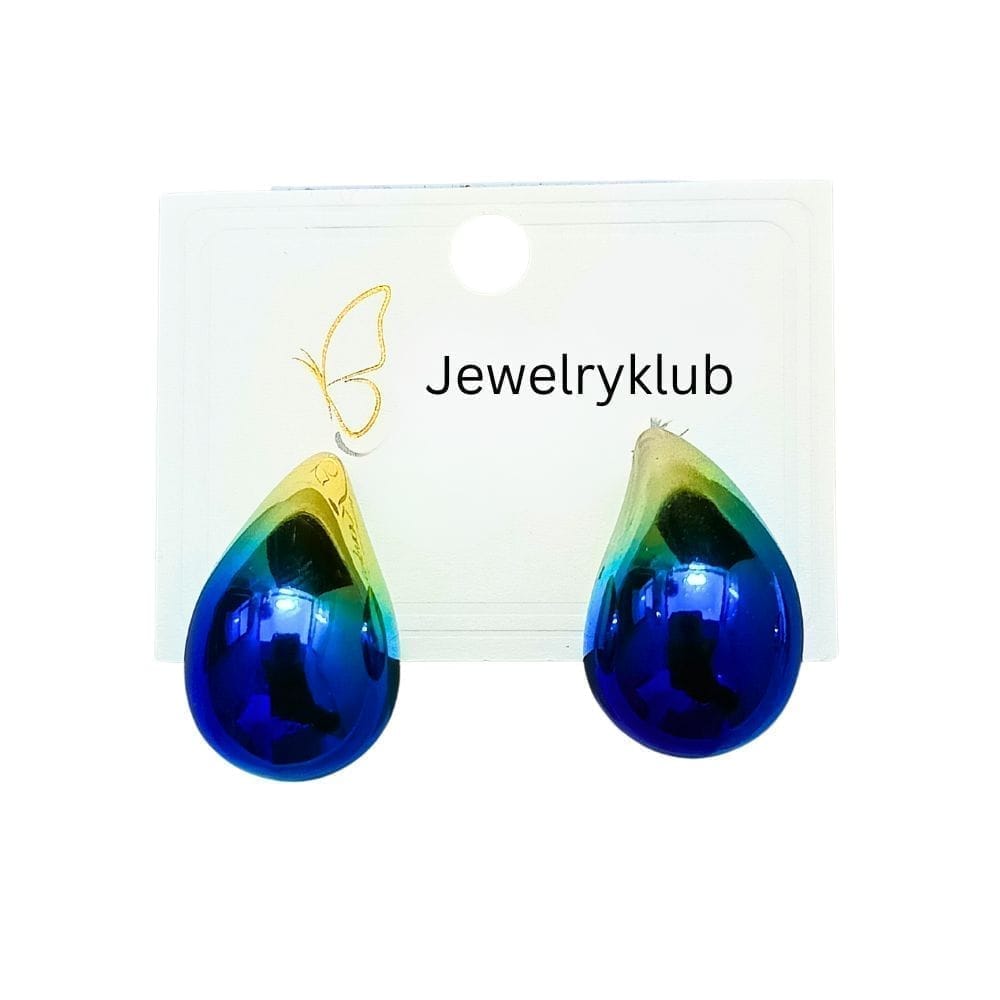 Jewelryklub Dual Metallic Colored Chunky Tear Drop Fashion Jewelry Earrings For Women & Girls - Blue Gold view 2