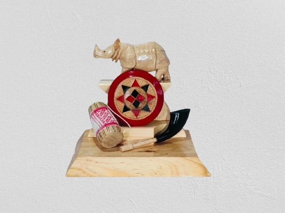 Assamese traditional handmade momento with one horned rhino,japi and dhol. view 2