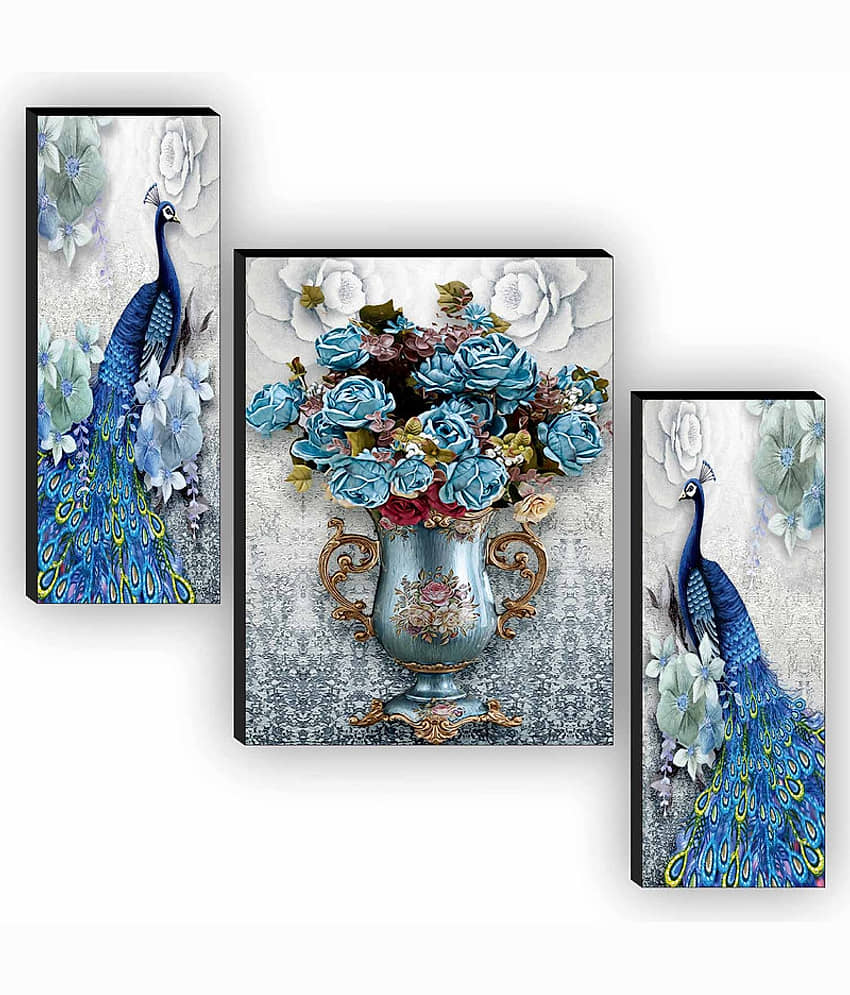 Saf - Couple Peacock With Floral Pot Painting Without Frame Set of 3 view 2
