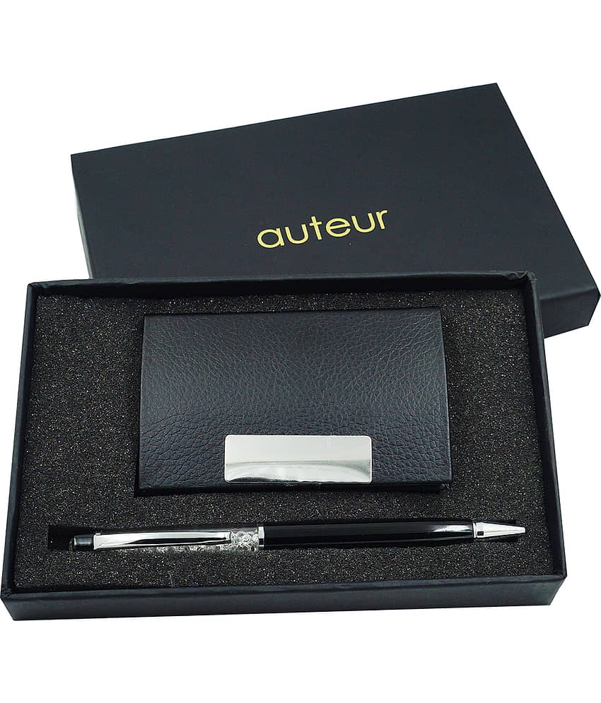 auteur 2in1 Corporate Gift Set Crystal Diamond Black (Blue Ink) Ball Pen With Premium RFID safe Black Pu Leather Card Wallet Magnetic Clouser Ideal for Every Gifting Occasion| Gift For Men|Women|Boss|Friends|Birthday|Anniversary(VCH58) view 2