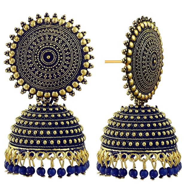 "Stunning Oxidized German Silver Jhumka Earrings with blue Drops for Women" view 2
