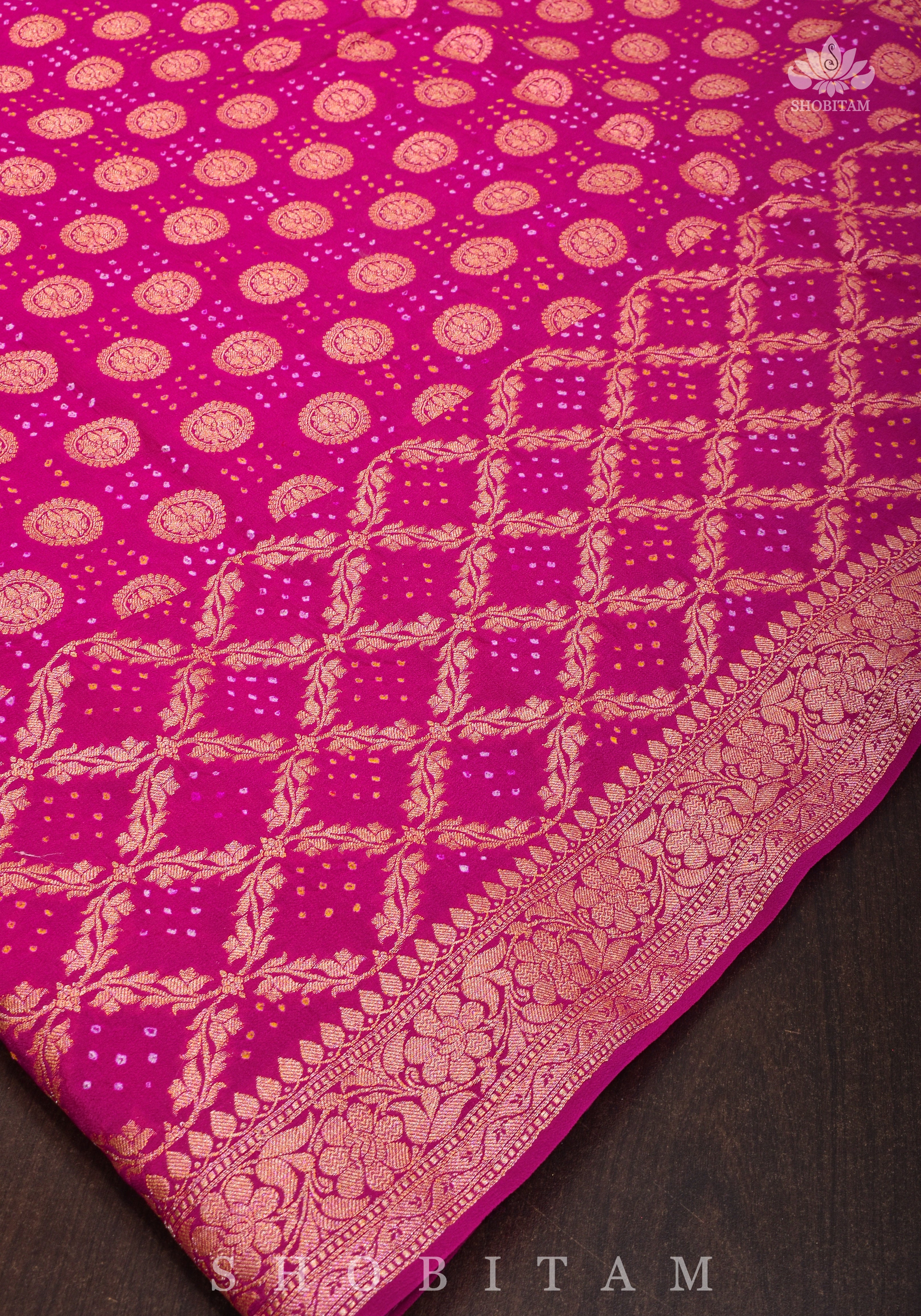 Authentic Hand Bandhej Banarasi Silk Georgette Saree in Pink | SILK MARK CERTIFIED. Vidya Balan Special Celebrity Saree view 2