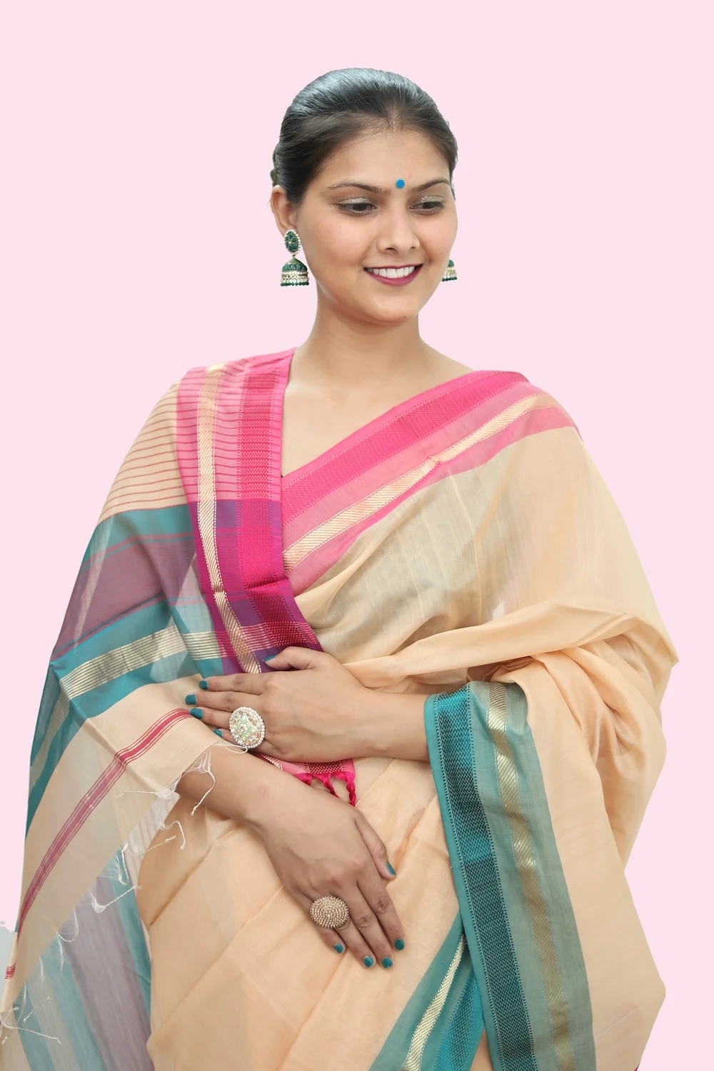 Attractive Beige Striated Rewa Waves Saree with Tassels view 2