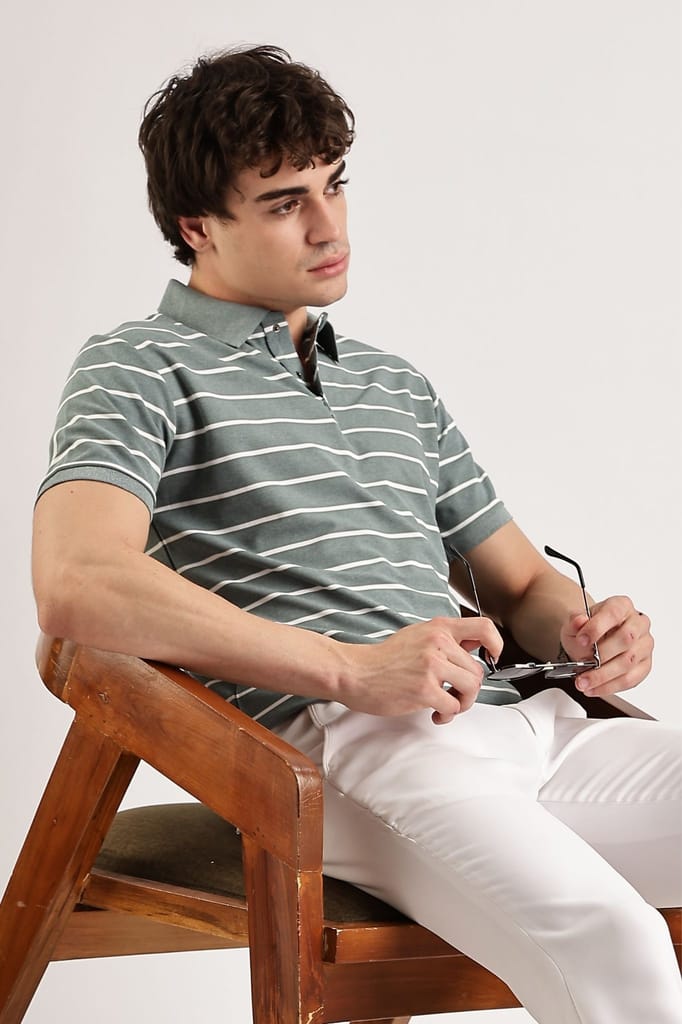 Pollycotton Olive Striped Polo view 2