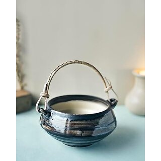 Handpainted Ceramic Outdoor Basket Planter with Handle, Pack of 1, Blue Flower Pot for Home/Kitchen/Balcony view 2