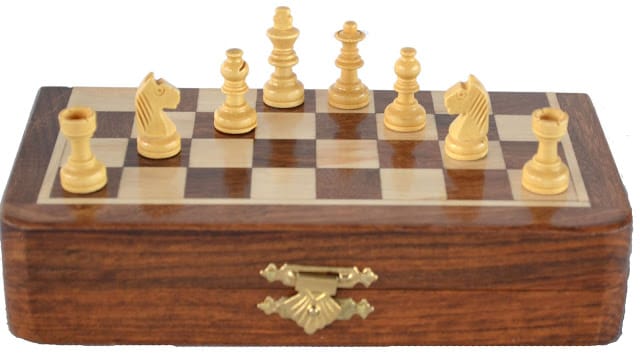 SOUVNEAR Wooden Handcrafted Foldable Magnetic Chess Board Set with 32 Magnetic Pieces for 2 Players Kids and Adults (7x7 Inches, Brown Yellow) view 2