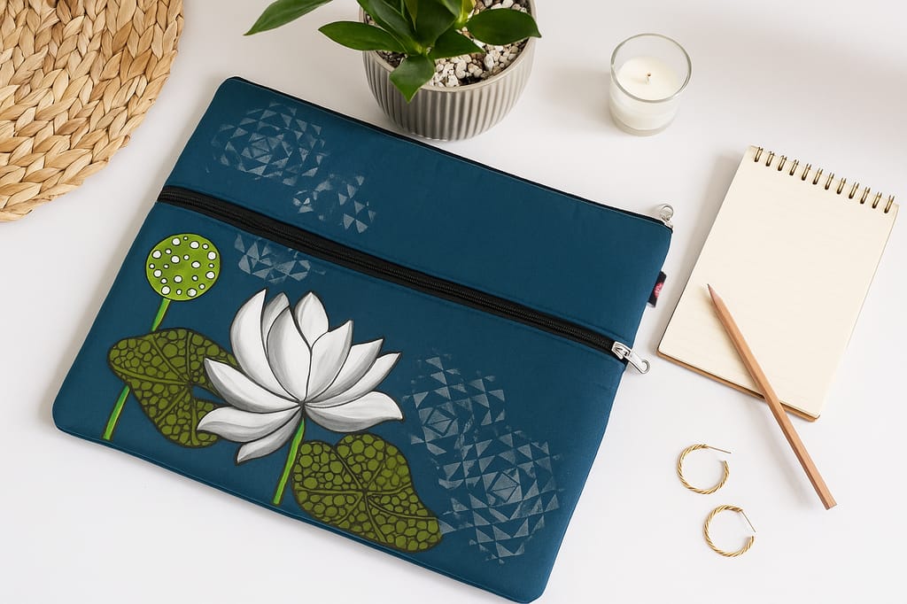 Hand-Painted Laptop Sleeve – Blue Lotus Design view 2