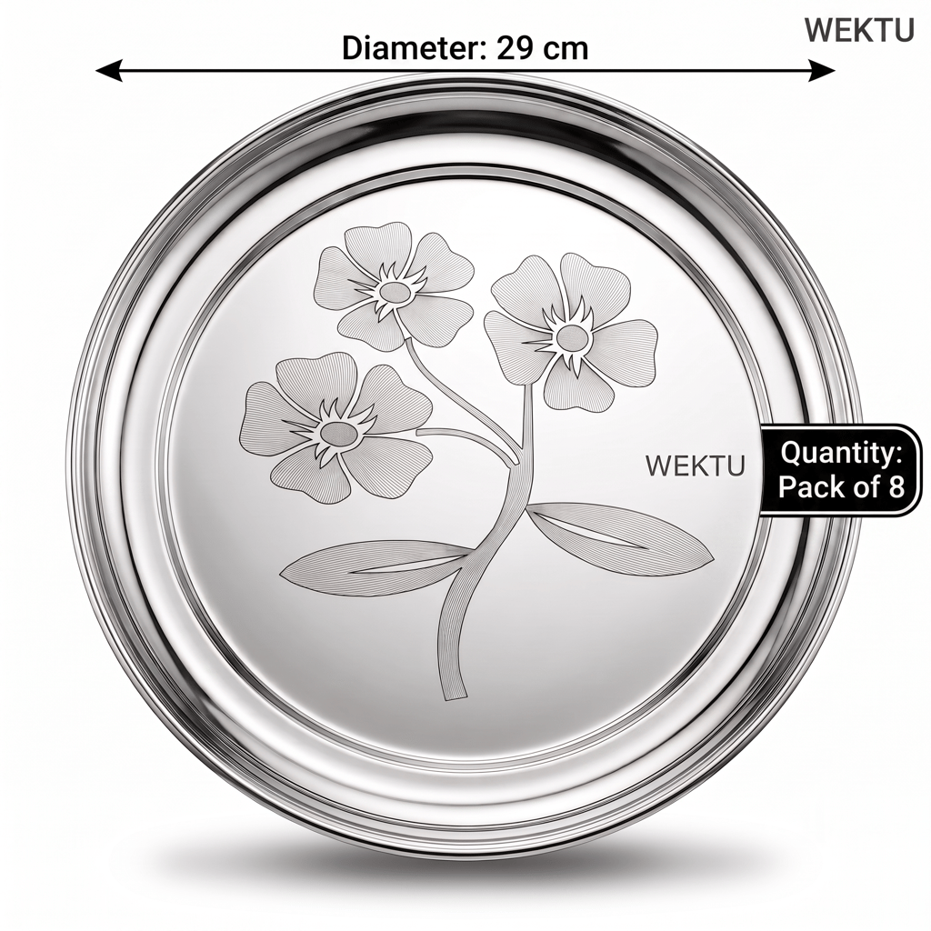 WEKTU Stainless Steel Rajbhog Gol Dinner Plate with Laser Floral Print (29 cm Diameter) – Premium Heavy Gauge Mirror Finish Round Thali for Lunch & Dinner | Food Grade, Durable & Rust Proof view 2