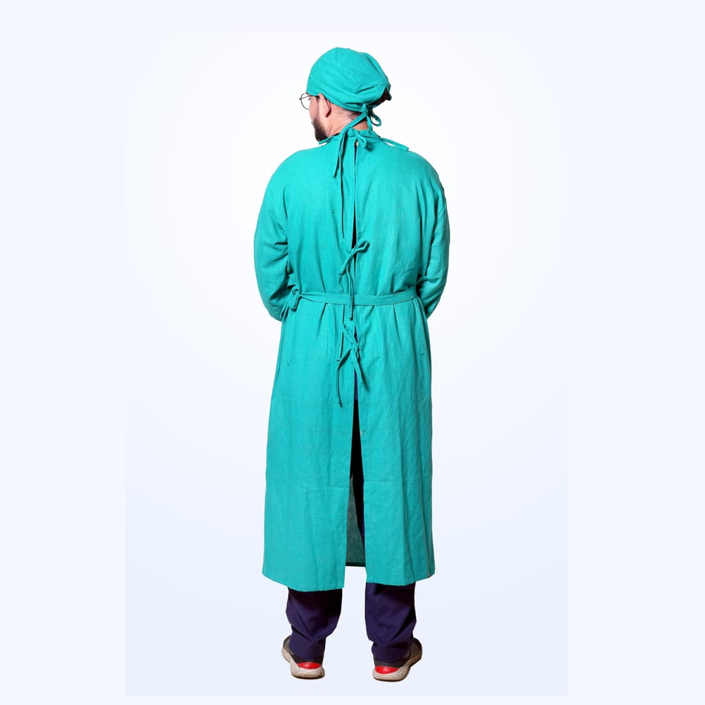 Surgeon Gown and Cap | Unisex | Free Size | Reusable and Washable | Green Color | Pure-Cotton Fabric | view 2