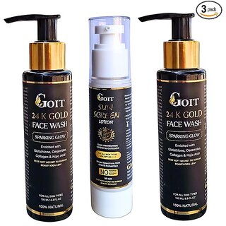 Goit Skincare Combo for Radiant Skin, With 24 k Gold Face Wash with Glutathione Kojic acid, collagen Sunscreen Lotion 24-Hour Protection All Type Of Skin