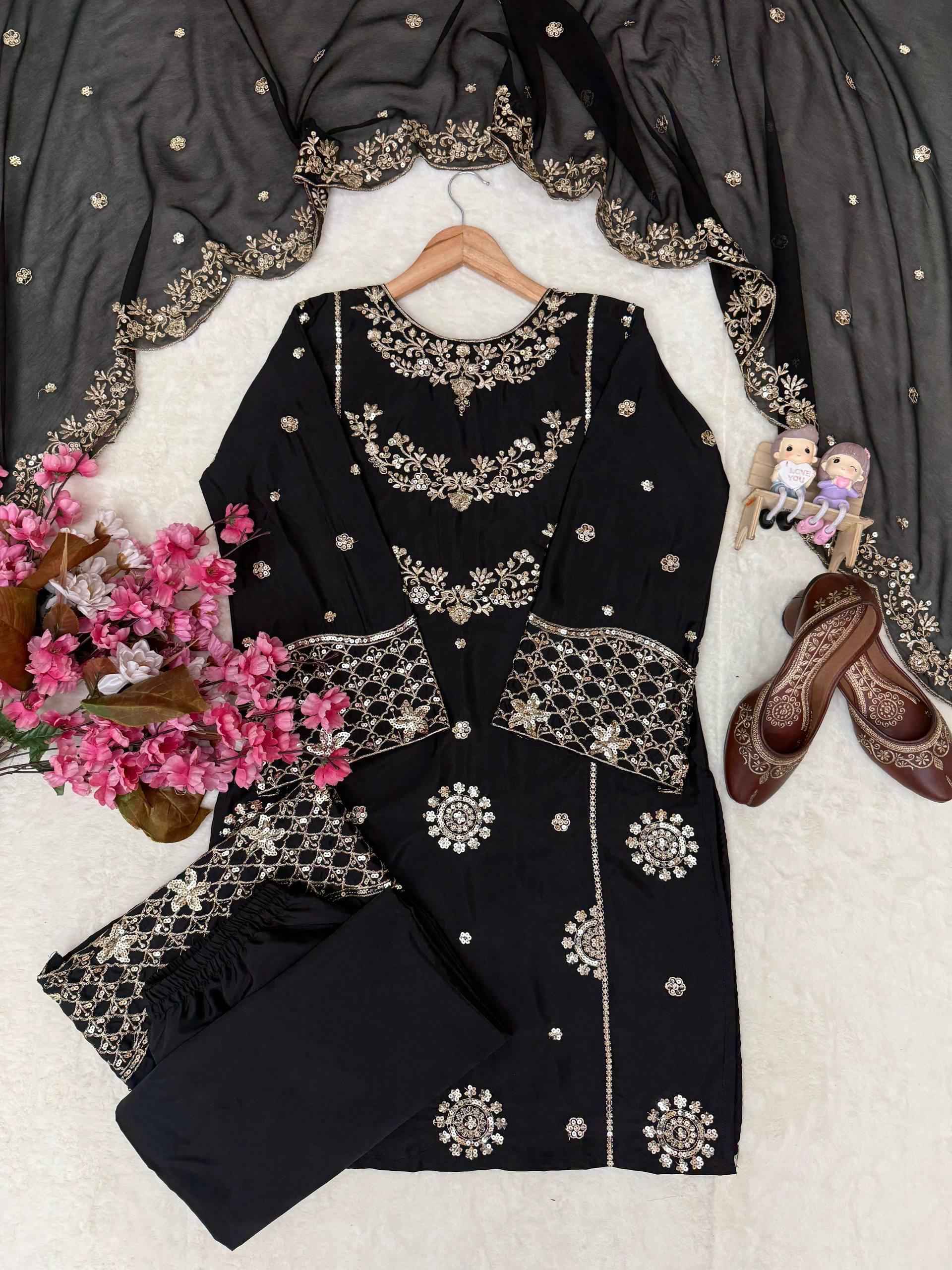 French Crepe Embroidered Kurti Plazzo Dupatta Set view 2
