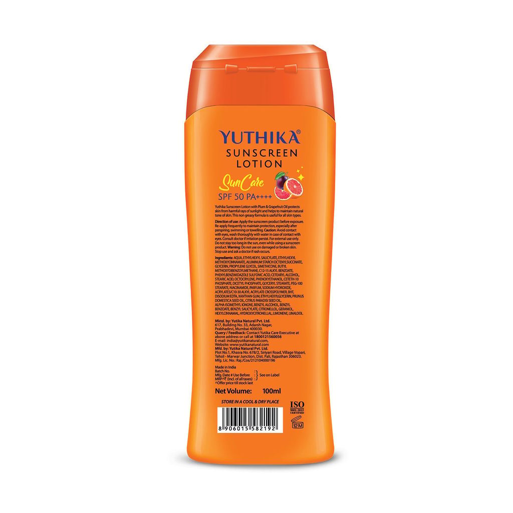 Yuthika Sunscreen Lotion SPF 50 PA++++ with UVA & UVB Protection, Sun Cream for All Skin Types - 100ml view 2