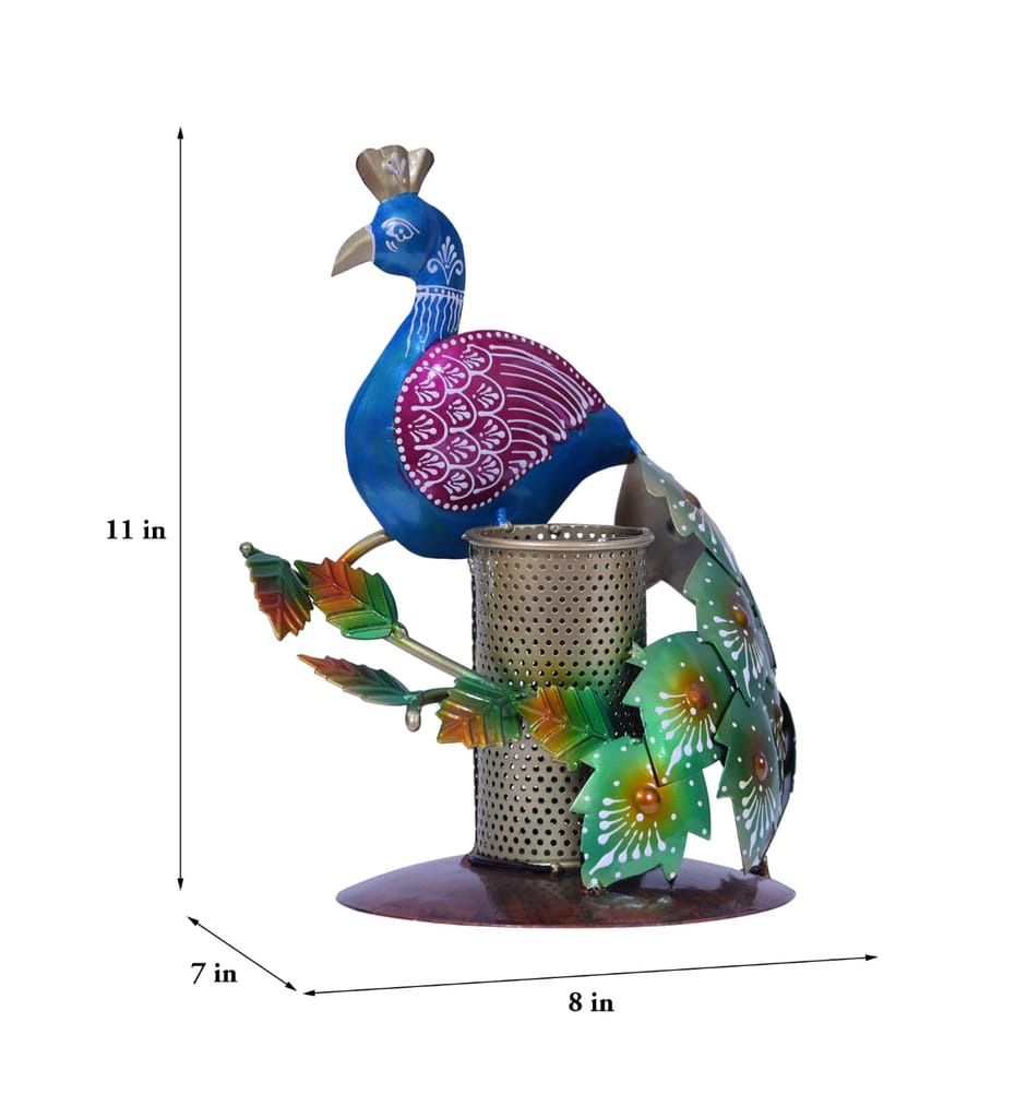 Iron Multicolor Handicraft Peacock Pen Pencil Stand Holder Decorative Showpiece, For Interior Decor view 2