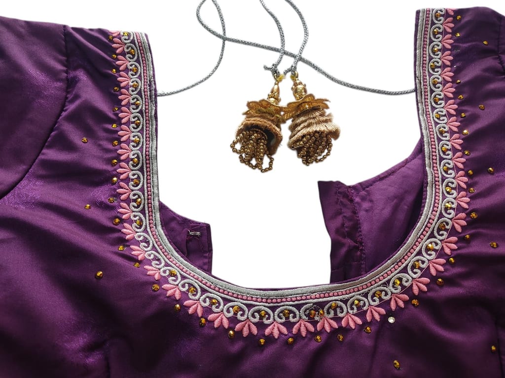 Purple Silk Saree Blouse with Silver Embroidery and Beadwork view 2