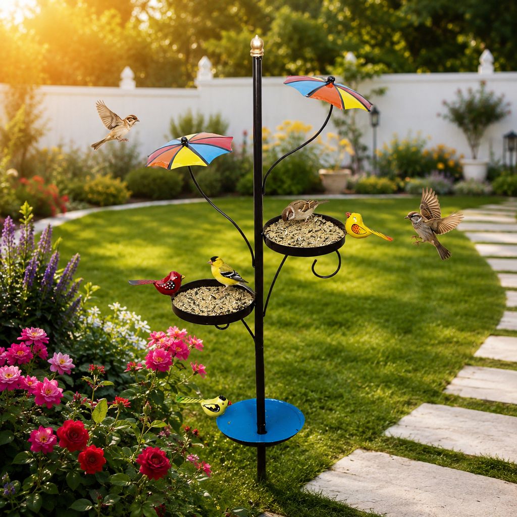 Decoriee Umbrella Bird Feeder Stand with Dual Seed Trays & Water Bath (L × W × H): 38 × 15 × 104 cm