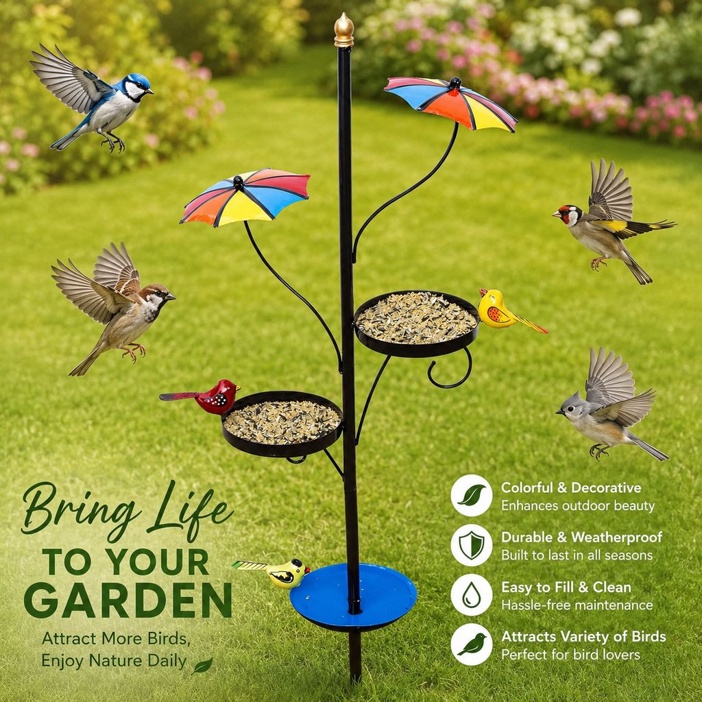 Decoriee Umbrella Bird Feeder Stand with Dual Seed Trays & Water Bath (L × W × H): 38 × 15 × 104 cm view 2