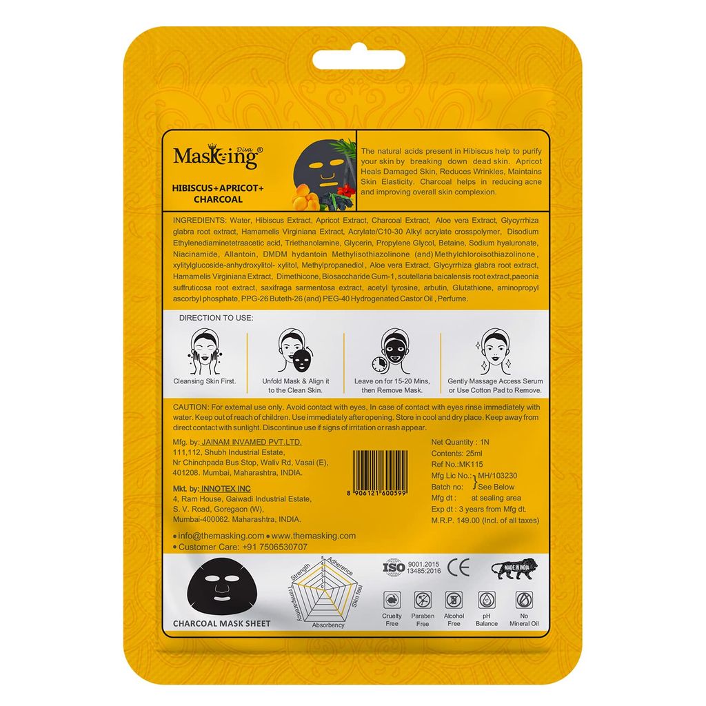 Masking Diva Charcoal Hibiscus, apricot, Facial sheet Mask (25ml) Natural Serum Skin Detox Cleansing Anti-Ageing (Pack of 05) Bamboo mask Sheet Mask view 2