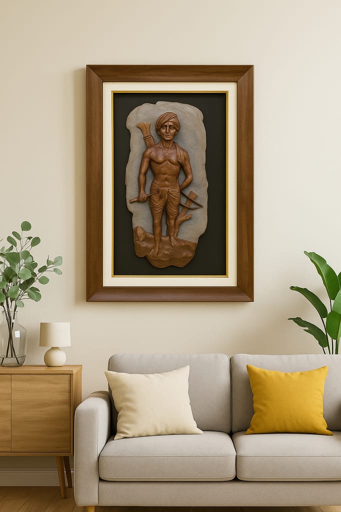 Bronze Relief Sculpture of Tribal Warrior with Frame view 2