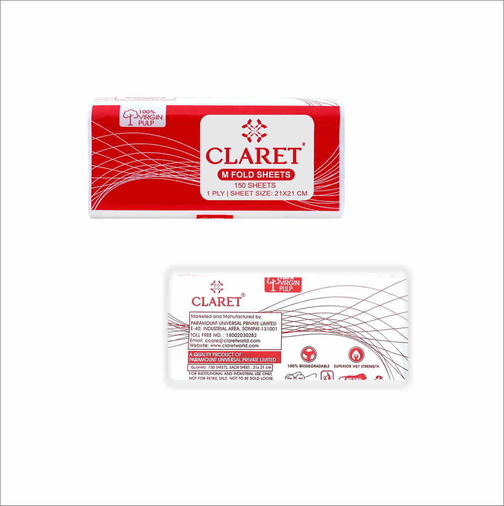 Claret M-Fold Paper Towels, 21x21 cm, High Absorbency, 150 Sheets per Pack, Pack of 12, Made from Virgin Fiber, Ideal for Home, Office view 2