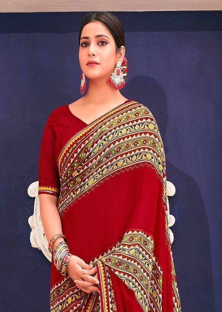 Digital Printed Georgette Saree in Red view 2