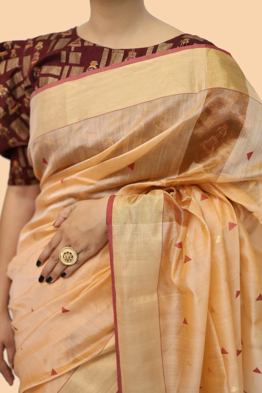 Heavenly Beige Zari Borcade handloom Saree with Tassels view 2