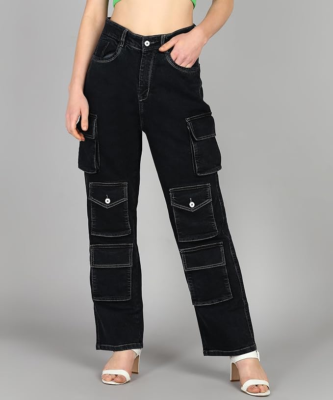 Glossia Fashion Women Cargo Jeans | High Waist Stretchable Loose Straight Fit Denim| Boyfriend Jeans for Women - Black, 26 view 2