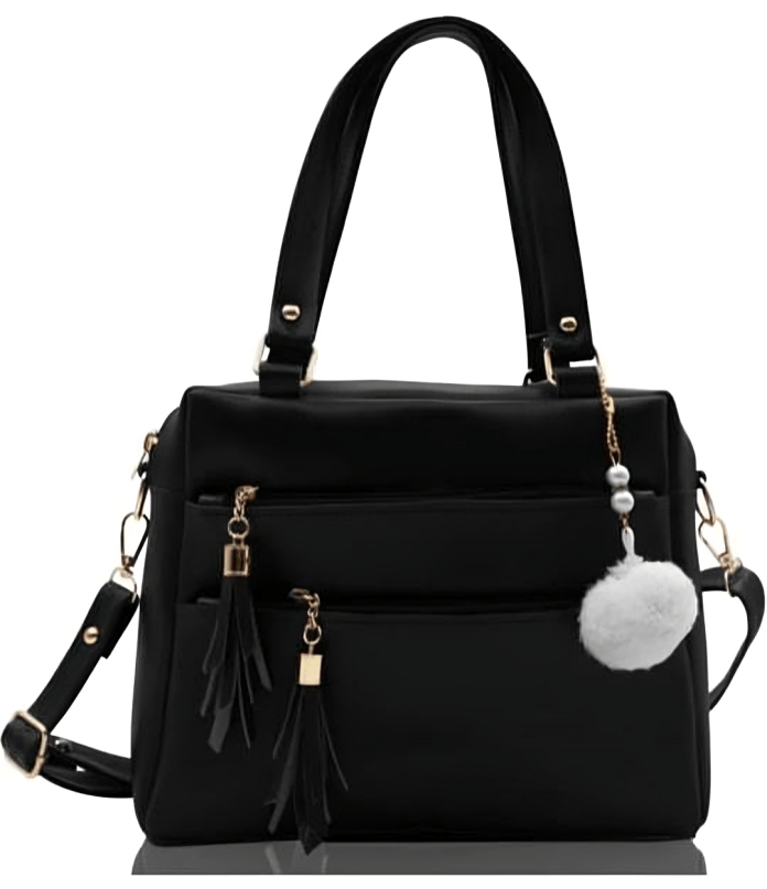 Chic Grey Handbag – Stylish Shoulder Bag with Tassels & Pom-Pom Charm for women view 2