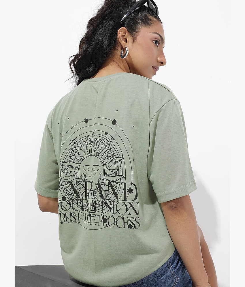 Diversify Women Cotton Blend Printed Oversized Fit Round Neck T-Shirt ( Green ) view 2