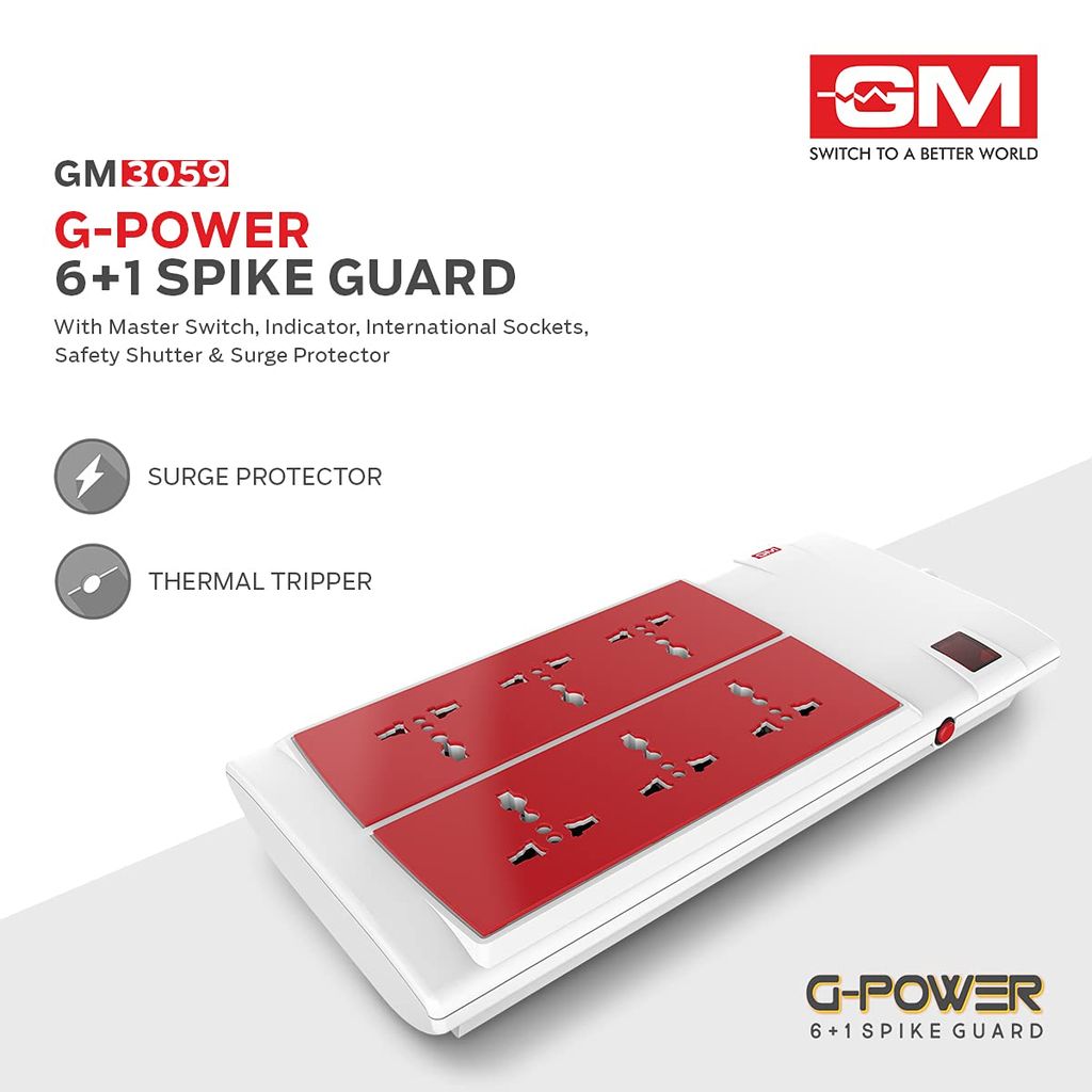 GM 3059 G-Power 6+1 Spike Adaptor with Master Switch, Indicator, Safety Shutter, International Sockets & Surge Protector view 2