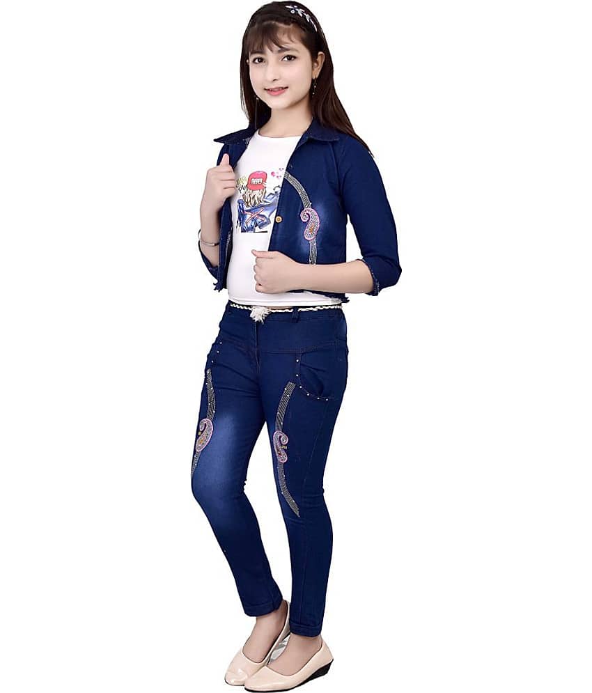 Cherry Tree Girls Denim T-shirt With Jeans ( Blue ) view 2