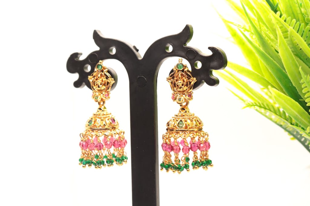"Stunning Lakshmi Temple Jhumka Earrings with Ruby and Emerald Beads" view 2