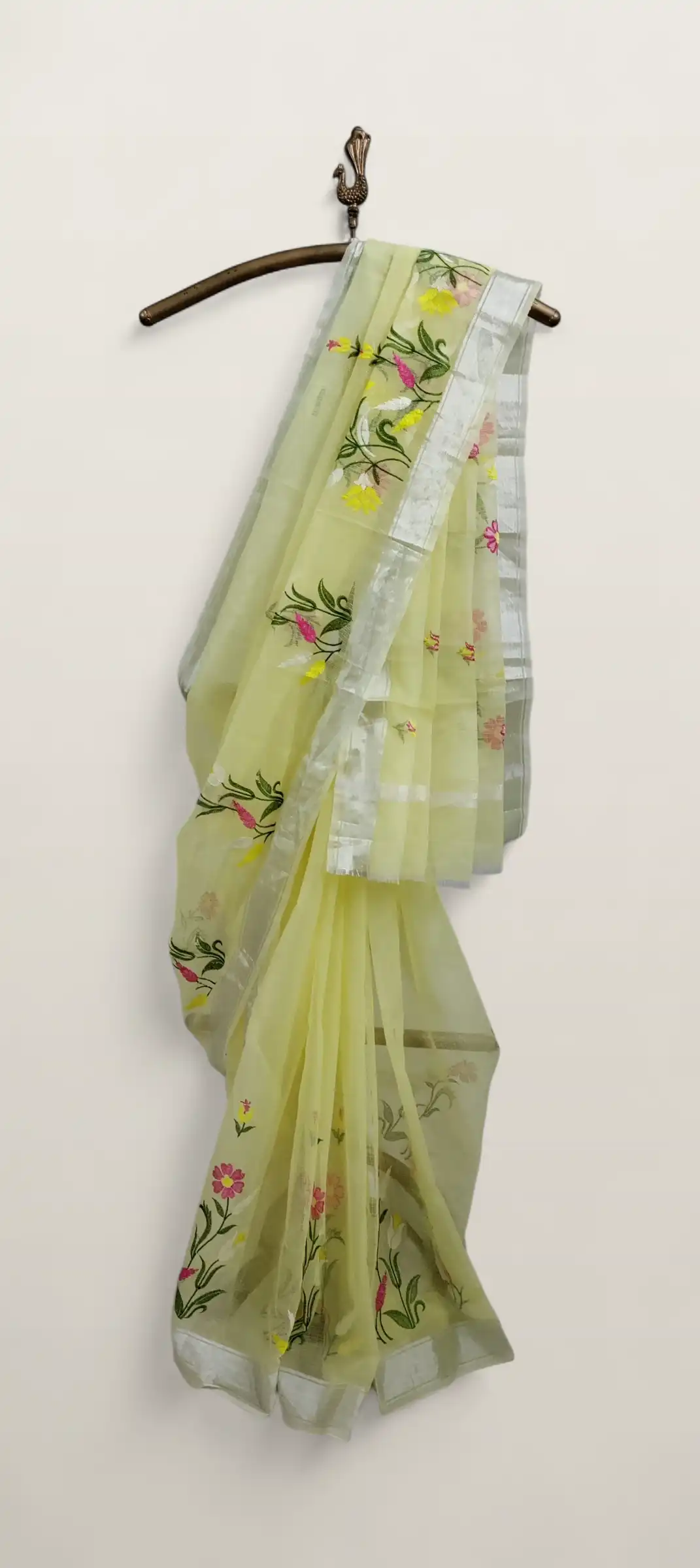 Pastel Yellow Kota Doria Saree with Block-Printed Florals and Zari Border view 2