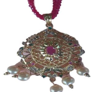 Pink Stone Kundan Meenakari Pendant Haram Necklace Set view 2