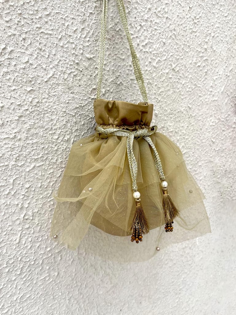 ABC Exquisite Handmade Indian Potli Bags for ladies Batua with Rose Gold Thread Handle, 3-Layered Net and Pearls - Ideal Gift for Her, Wedding Clutch- Perfect Purse for Parties & Weddings (Golden) view 2