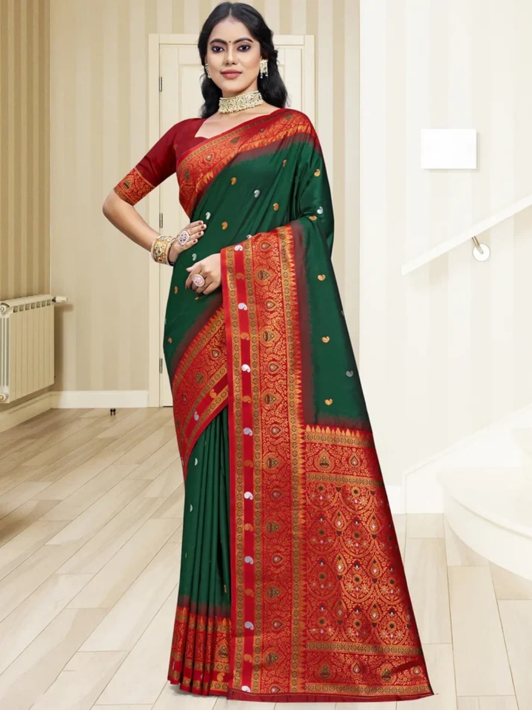Dark Green Silk Saree view 2