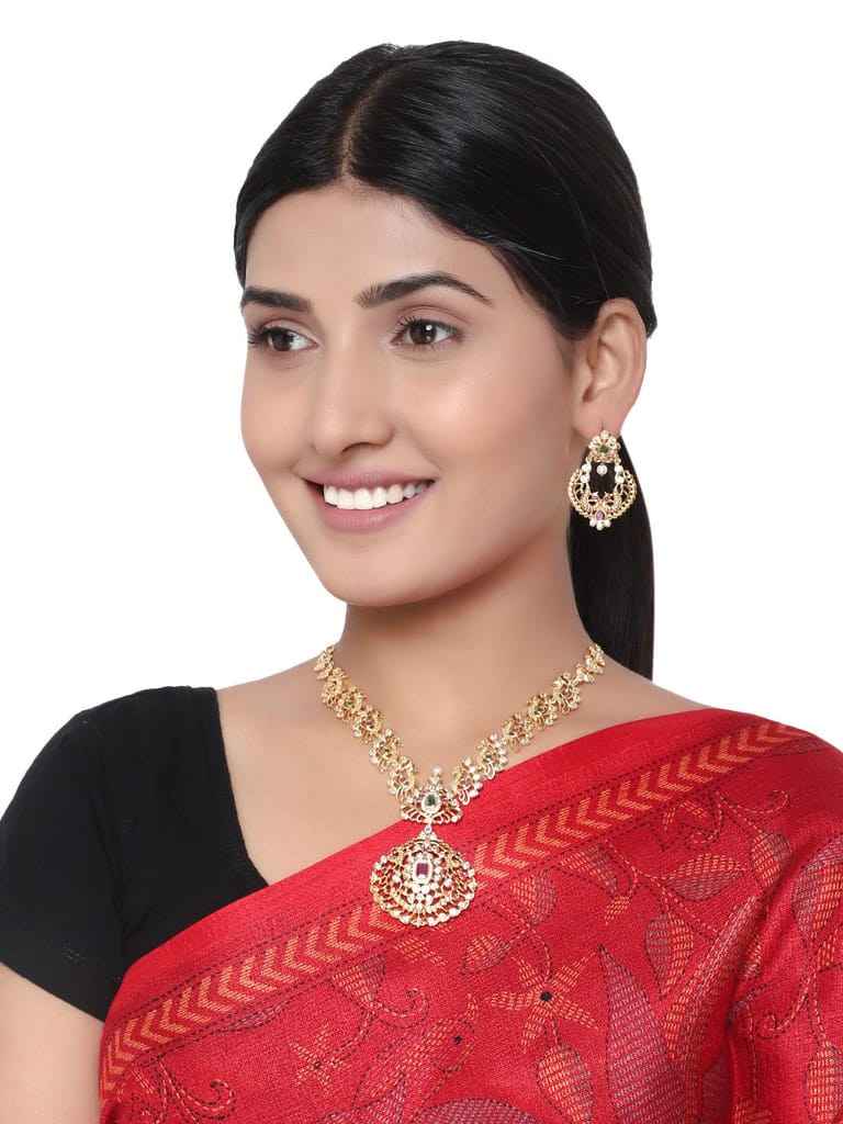 Cardinal Gold Plated American Diamond Multicolor Stone Brass Necklace Set view 2
