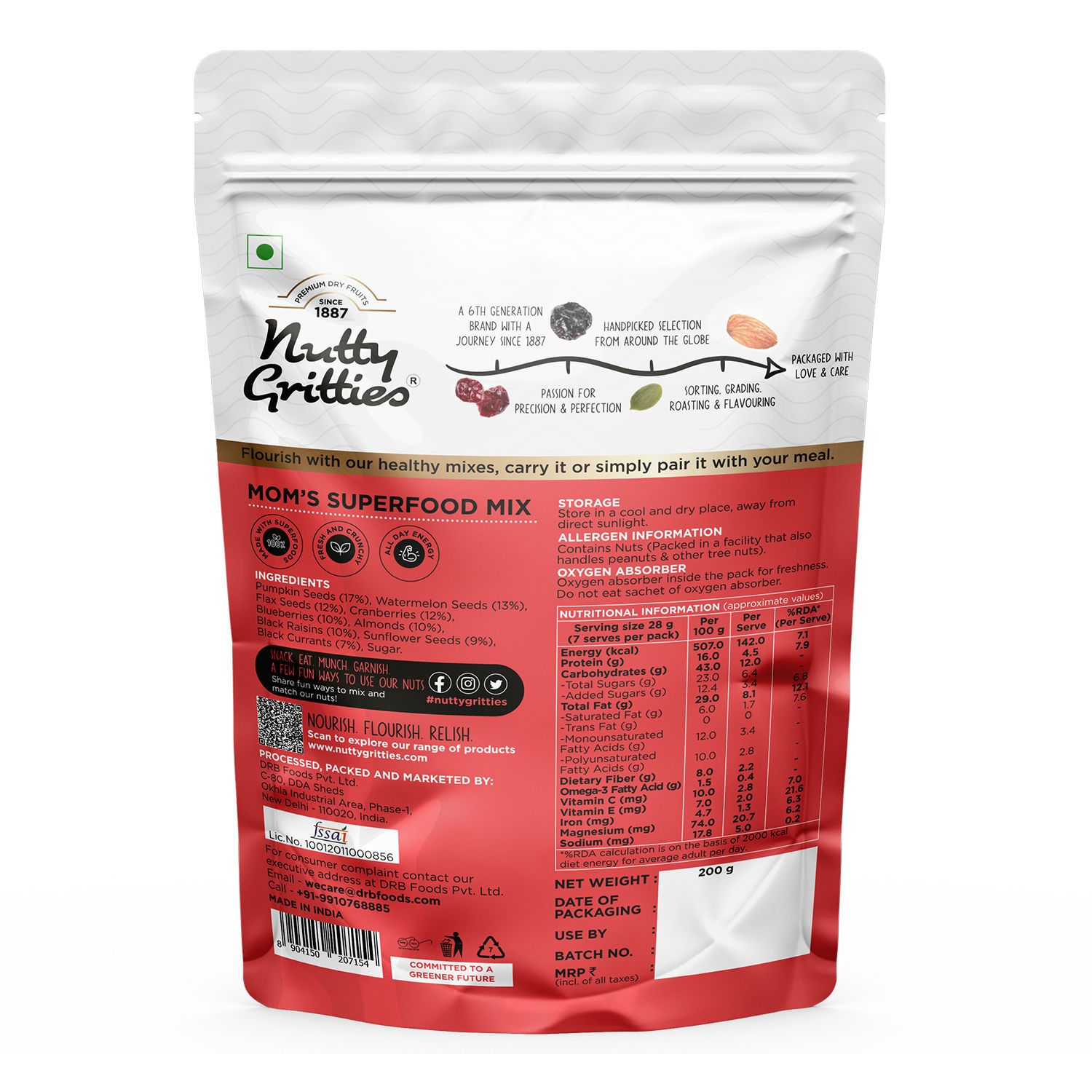 Nutty Gritties Mixed Nuts Dry Fruits - Mom's Superfood Mix - Roasted Almond, Pumpkin, Sunflower, Watermelon, Flax, Raisins, Black Currant, Cranberries, Blueberries, 200 gm view 2