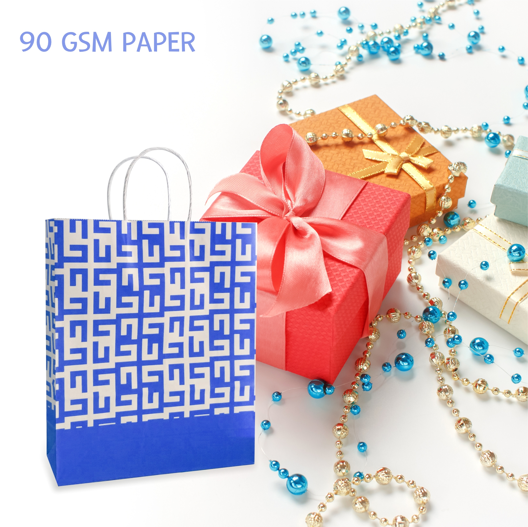 90 GSM Blue Printed Paper Gift Bags, Paper Carry Bags For Birthday Gifts, Return Gift Bags, Office Party, Corporate Gifting & Festive Gifting (Size: 12 x 10 x 4 inch) - Set of 24 view 2