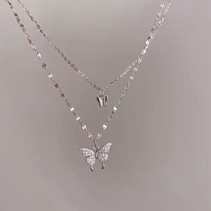 Elegant Layered Butterfly Necklace Set - Silver Tone with Sparkly CZ Pendant