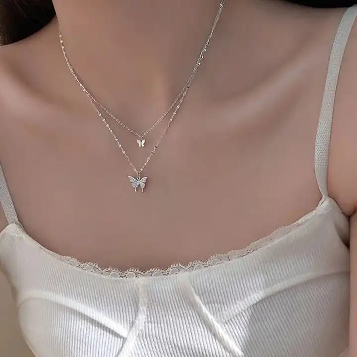 Elegant Layered Butterfly Necklace Set - Silver Tone with Sparkly CZ Pendant view 2