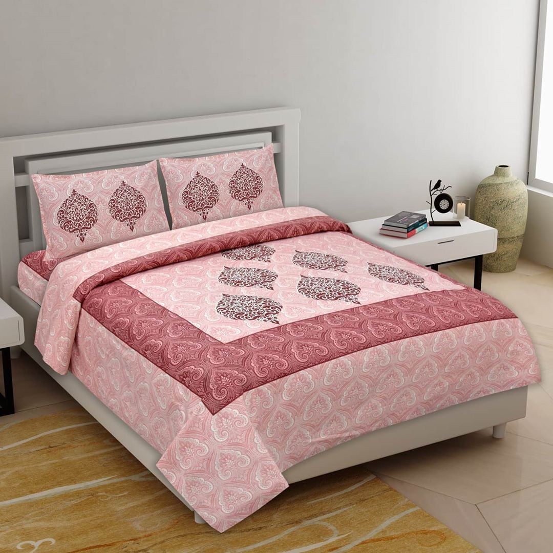 Lali Prints Jaipuri Pink Maroon Ethnic Motifs 130 TC Queen Bedsheet With 2 Pillow Covers