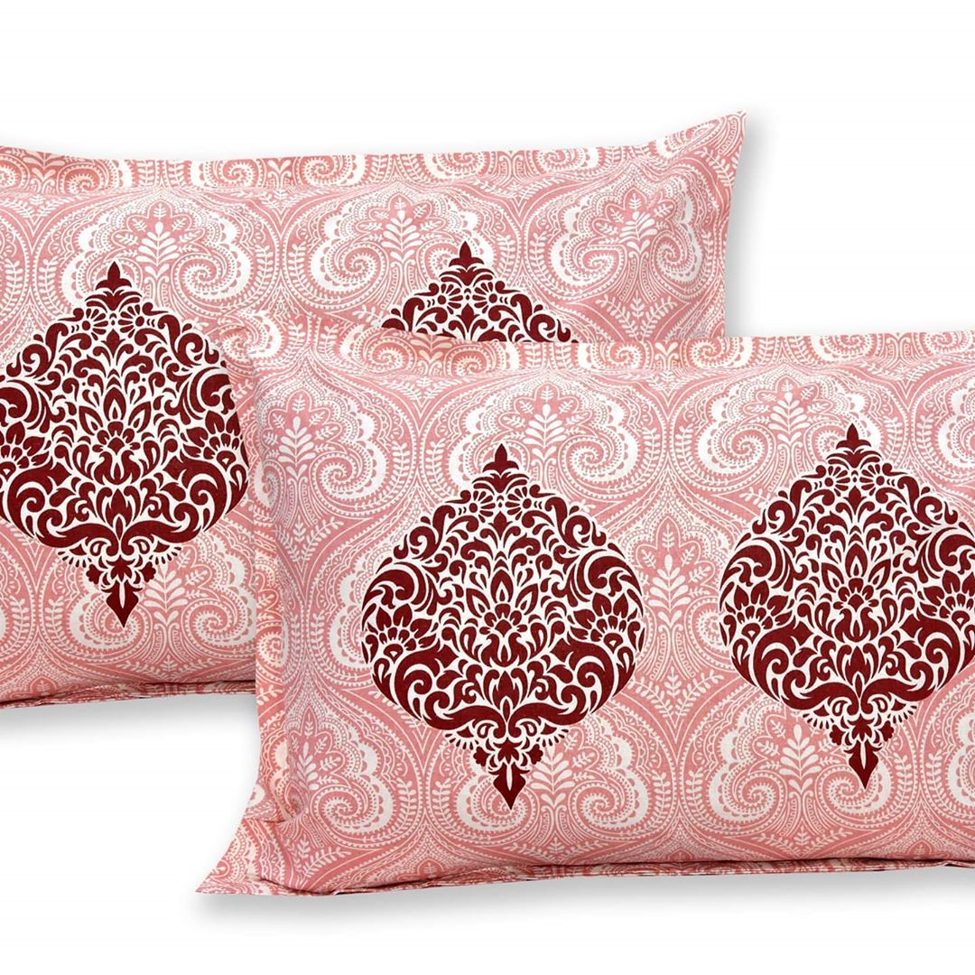 Lali Prints Jaipuri Pink Maroon Ethnic Motifs 130 TC Queen Bedsheet With 2 Pillow Covers view 2