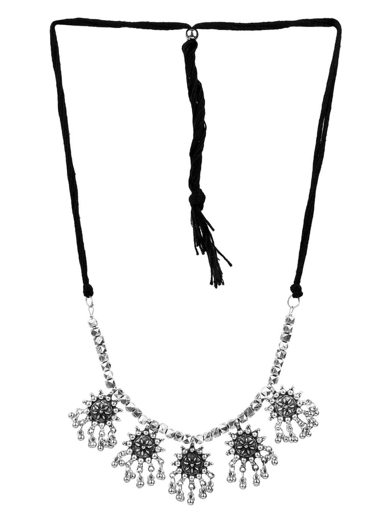 Cardinal Oxidized Silver Color Maang Tika & Necklace Set view 2