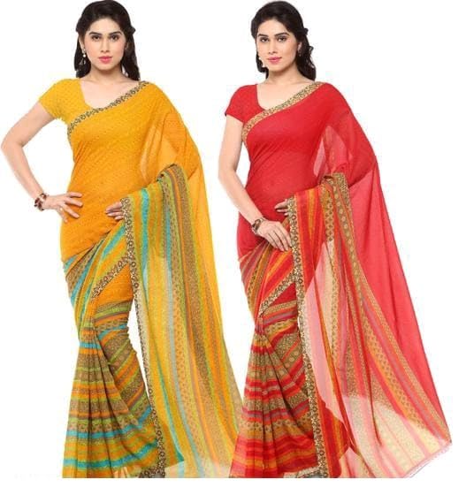 KHUSHBOO DESIGNERS Women's Solid Georgette 5.5 Meter Saree with Unstitched Blouse Piece (Multicolor-5) Pack Of 2 view 2