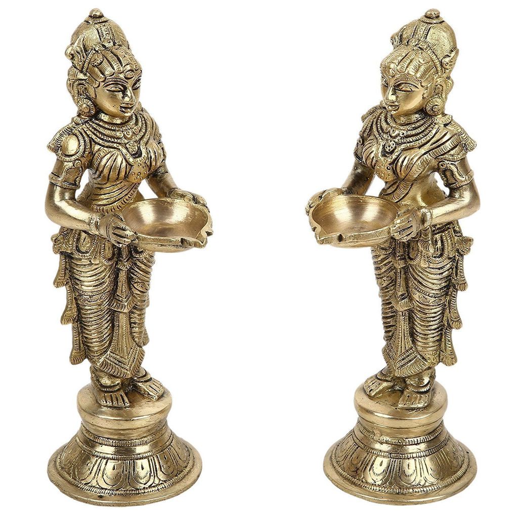 ARTVARKO Brass Metal Deep Laxmi Pair Meenakshi Devi Figurine Pair Holding Oil Diya for Pooja Mandir Temple Home Decor Diwali Deepam Dipak (Height 9 Inch, Gold, Standard Size) view 2