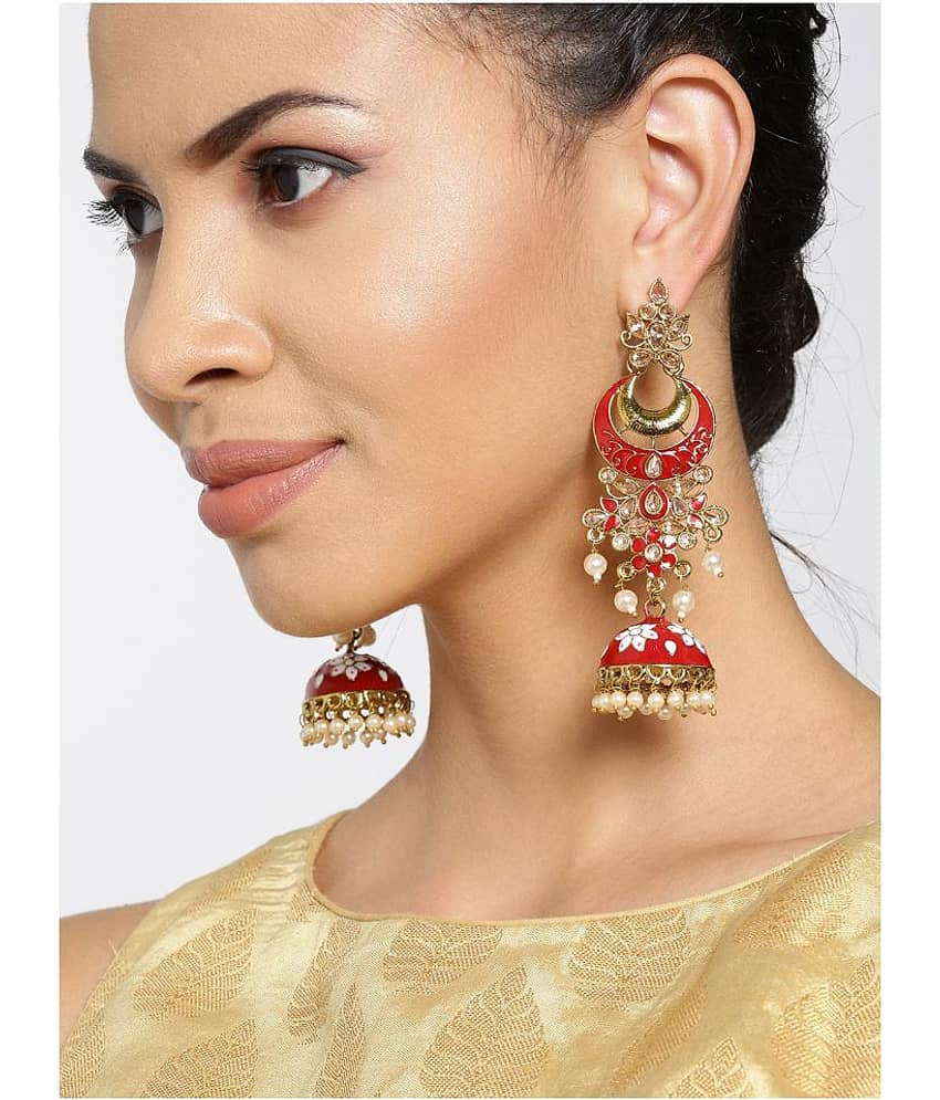 Priyaasi Red and White Gold-Plated Traditional Drop Earrings for Women and Girls view 2