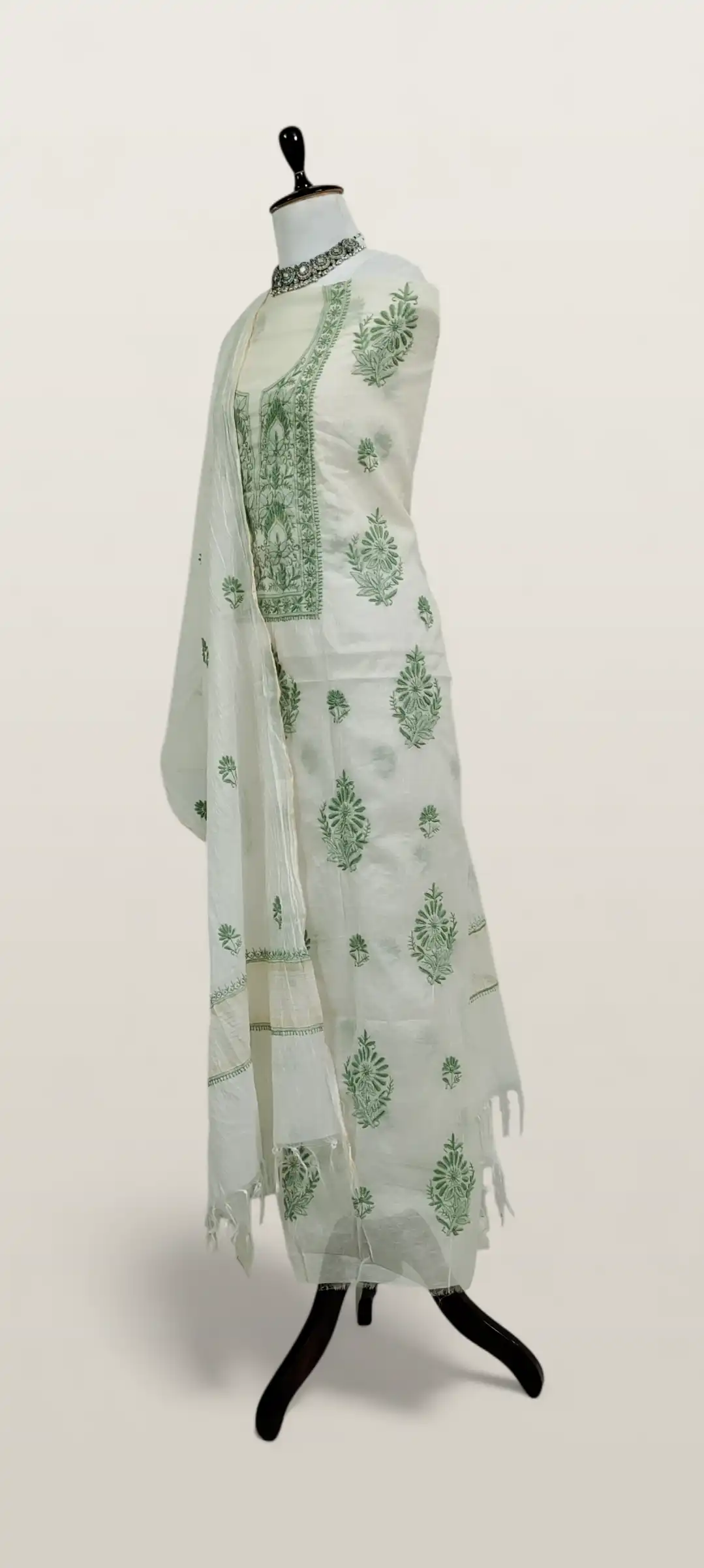 Chikankari Mul Chanderi Dress Material White Green Floral view 2